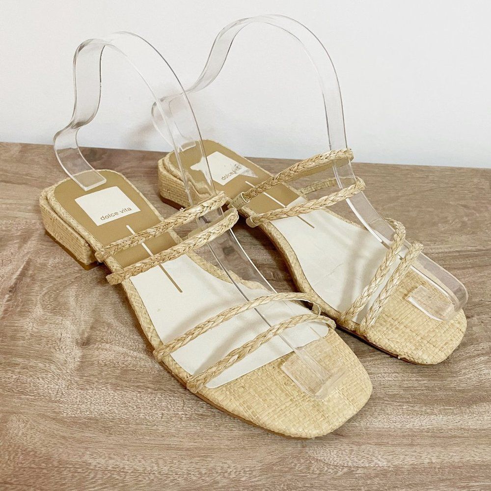 Dolce Vita Haize Strappy Slide Neutral Block Heel Straw Woven Sandal 6.5